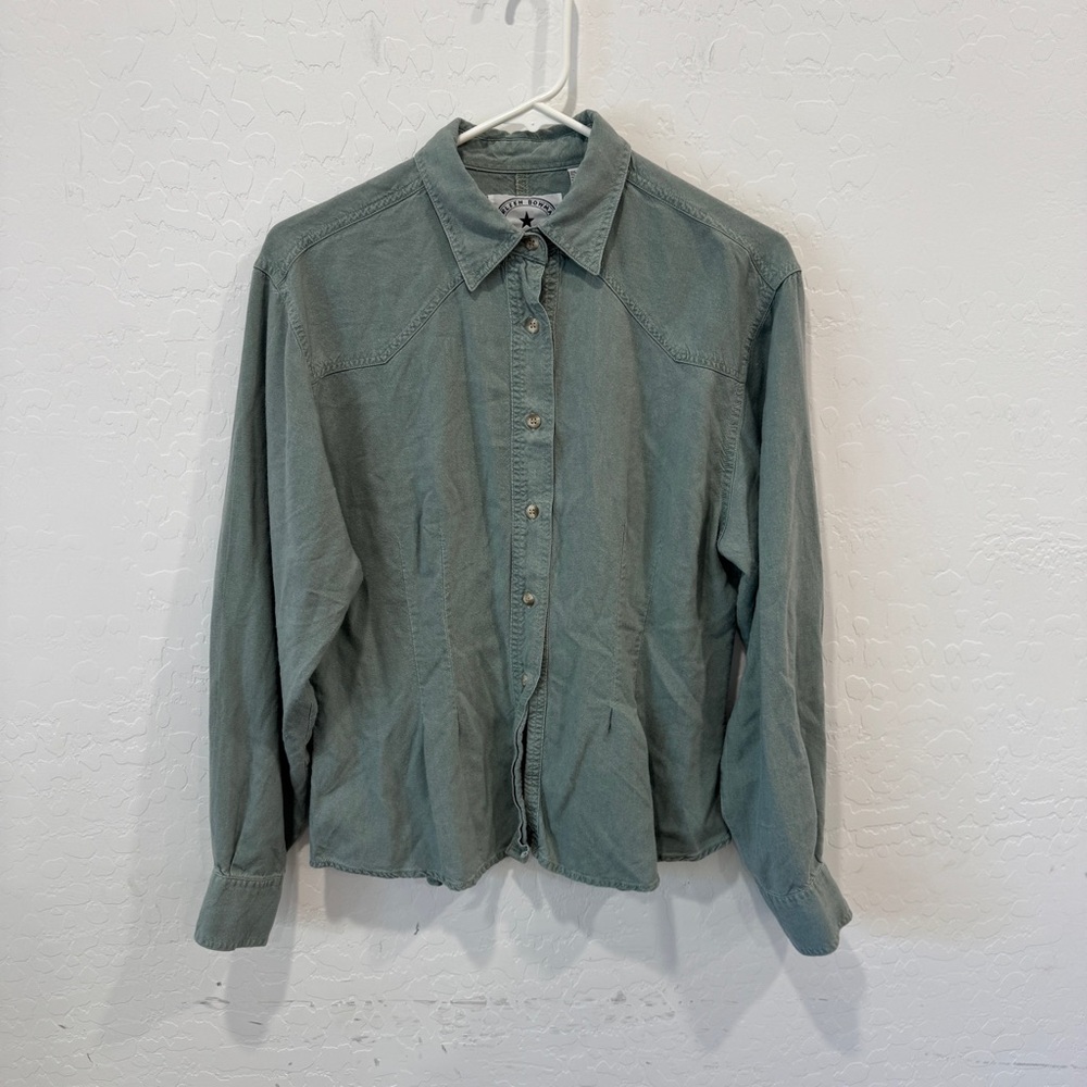 Arleen Bowman Chin Chin Shirt Women Medium Green Button Front Western Rockabilly